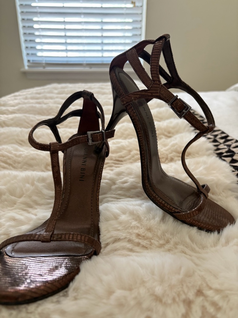 Gianni Bini Brown Textured T-Strap Stiletto Sandals